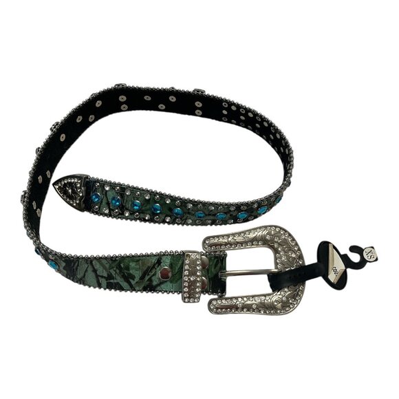 NEW w/ Flaws – XS/S Western Leather Belt w/ Turquoise Rhinestone Cross Conchos, - Picture 1 of 9